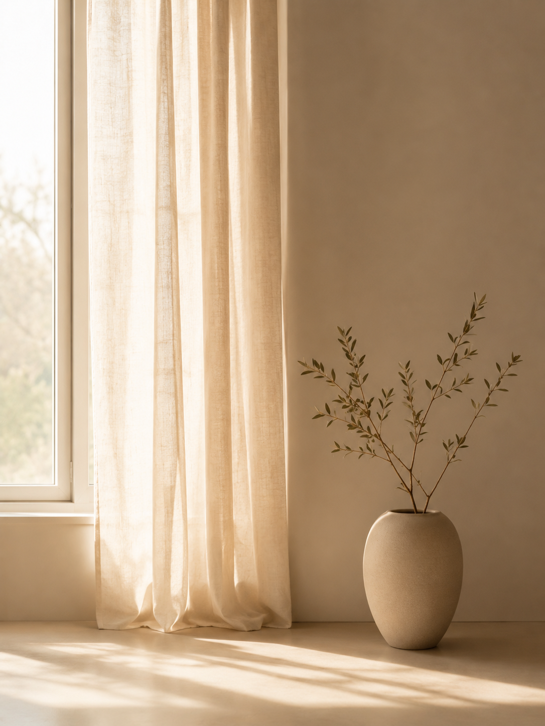 Ruhiger Raum im warmen Licht mit Vorhang und Vase